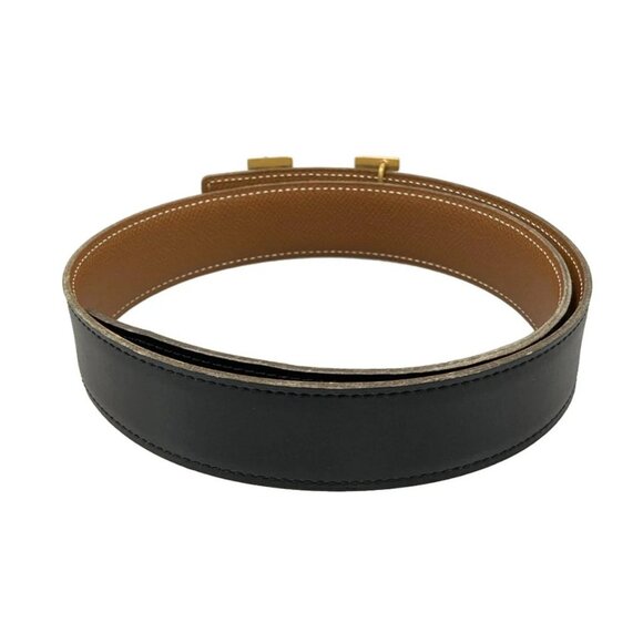 HERMES H Belt Black Gold Leather Hardware Square A Belt - Picture 2 of 7